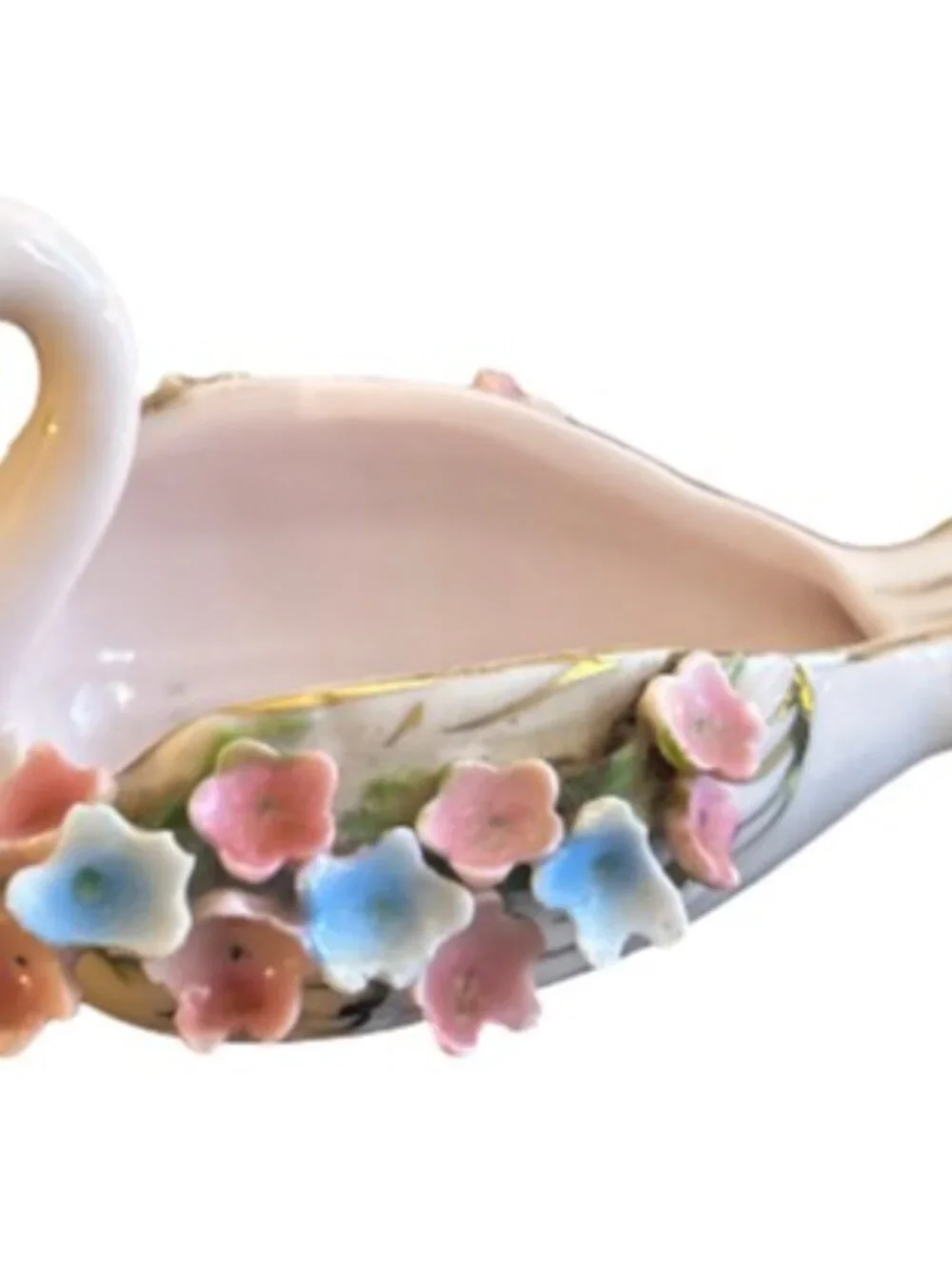 Japan Vintage Porcelain Swan Trinket Dish Planter Gold Trim 3D Pink Blue